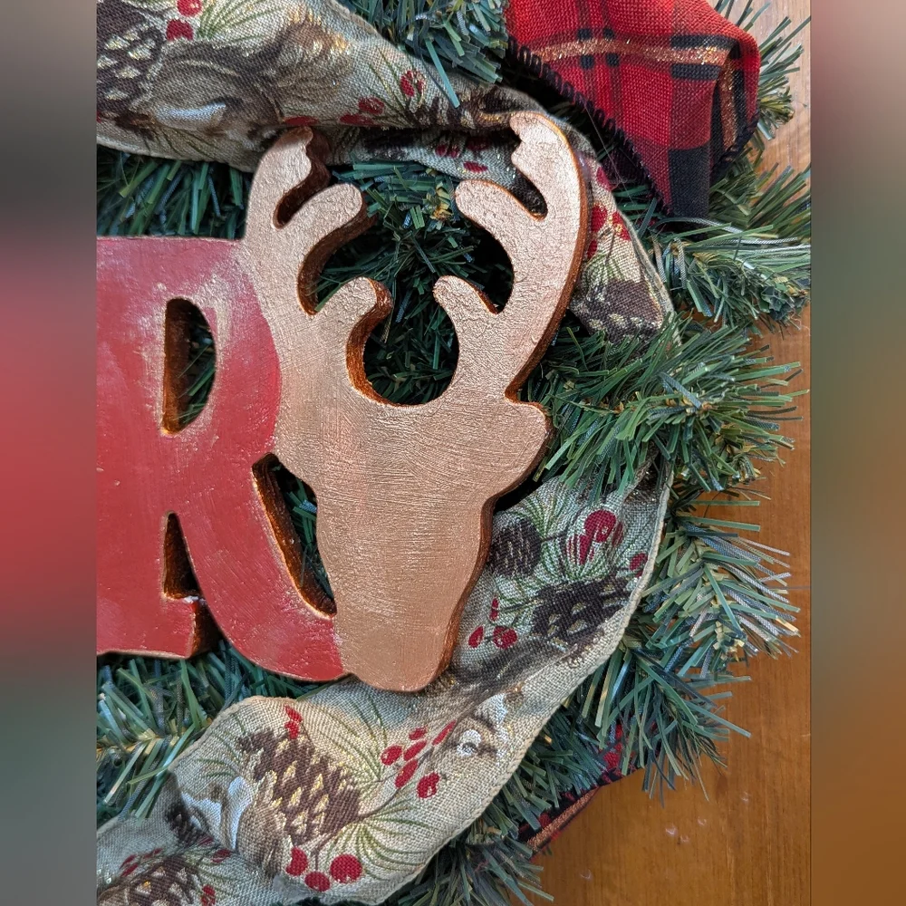 Rustic Holiday Wreath with 'Merry' Sign And Deer Outline, Squiral Ribbon